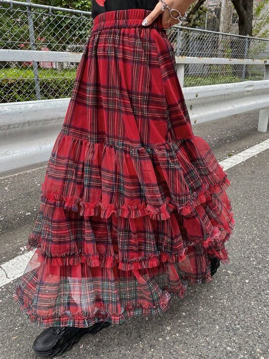 Red Casual Women's Christmas Plaid Ruffle Mesh High Waist Skirt - Picture 5 of 6